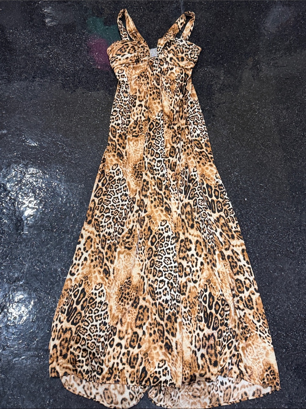 Masquerade Cheetah Print Maxi Dress with Rhinestone Accent Floor Length Sz 11/12